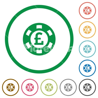 Pound casino chip flat icons with outlines - Pound casino chip flat color icons in round outlines