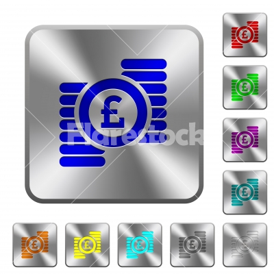Pound coins rounded square steel buttons - Pound coins engraved icons on rounded square glossy steel buttons