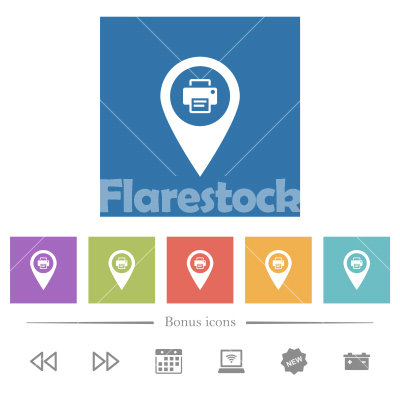 Print GPS map location flat white icons in square backgrounds - Print GPS map location flat white icons in square backgrounds. 6 bonus icons included.