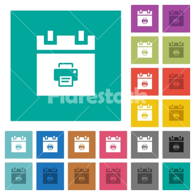 Print schedule item square flat multi colored icons - Print schedule item multi colored flat icons on plain square backgrounds. Included white and darker icon variations for hover or active effects.