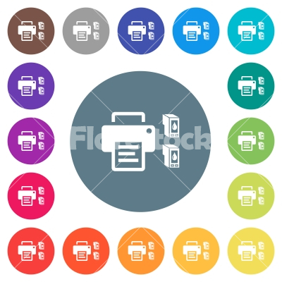 Printer and ink cartridges flat white icons on round color backgrounds - Printer and ink cartridges flat white icons on round color backgrounds. 17 background color variations are included.