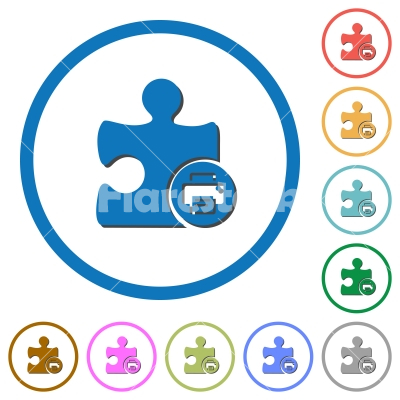 Printer plugin icons with shadows and outlines - Printer plugin flat color vector icons with shadows in round outlines on white background