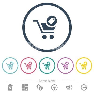 Product purchase features flat color icons in round outlines - Product purchase features flat color icons in round outlines. 6 bonus icons included.