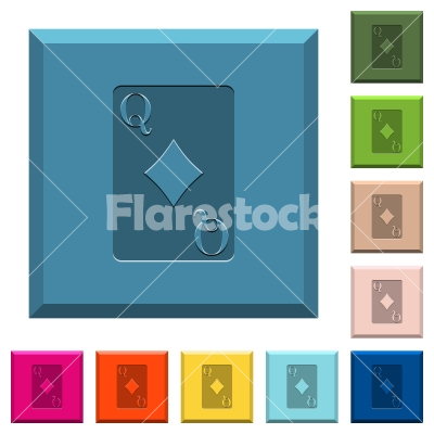 Queen of diamonds card engraved icons on edged square buttons - Queen of diamonds card engraved icons on edged square buttons in various trendy colors