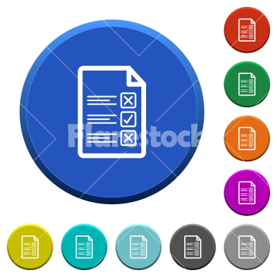 Questionnaire document beveled buttons - Questionnaire document round color beveled buttons with smooth surfaces and flat white icons