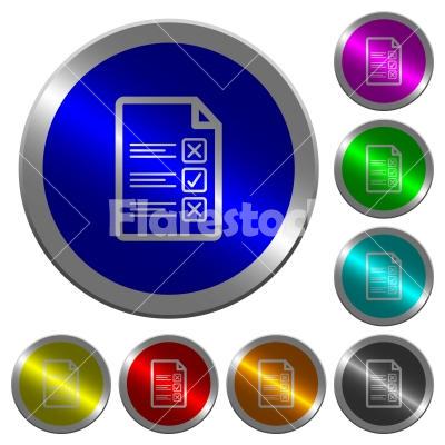 Questionnaire document luminous coin-like round color buttons - Questionnaire document icons on round luminous coin-like color steel buttons