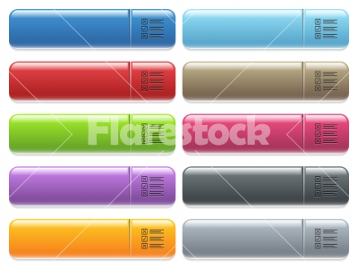 Questionnaire icons on color glossy, rectangular menu button - Questionnaire engraved style icons on long, rectangular, glossy color menu buttons. Available copyspaces for menu captions. - Free stock vector