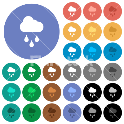 Rainy weather round flat multi colored icons - Rainy weather multi colored flat icons on round backgrounds. Included white, light and dark icon variations for hover and active status effects, and bonus shades.