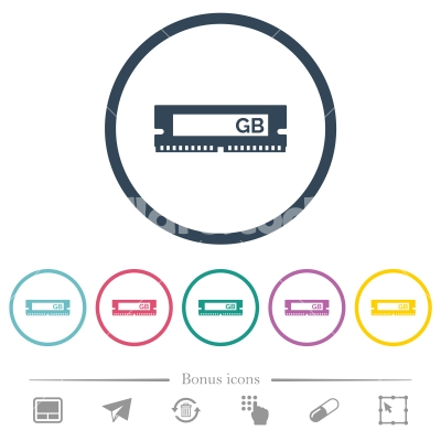 RAM memory module flat color icons in round outlines - RAM memory module flat color icons in round outlines. 6 bonus icons included.