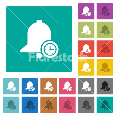 Reminder time square flat multi colored icons - Reminder time multi colored flat icons on plain square backgrounds. Included white and darker icon variations for hover or active effects.