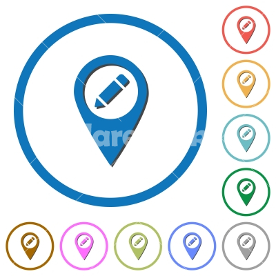 Rename GPS map location icons with shadows and outlines - Rename GPS map location flat color vector icons with shadows in round outlines on white background