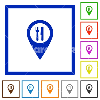 Restaurant GPS map location flat framed icons - Restaurant GPS map location flat color icons in square frames on white background