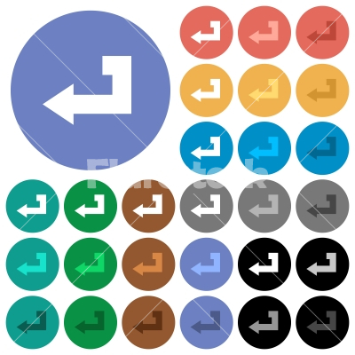 Return key round flat multi colored icons - Return key multi colored flat icons on round backgrounds. Included white, light and dark icon variations for hover and active status effects, and bonus shades on black backgounds. - Free stock vector