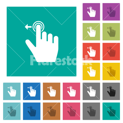 Right handed slide left gesture square flat multi colored icons - Right handed slide left gesture multi colored flat icons on plain square backgrounds. Included white and darker icon variations for hover or active effects.
