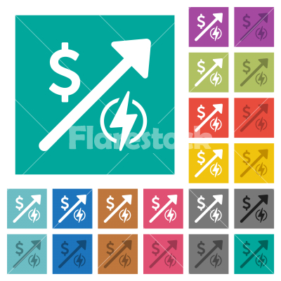 Rising electricity energy american Dollar prices square flat multi colored icons - Rising electricity energy american Dollar prices multi colored flat icons on plain square backgrounds. Included white and darker icon variations for hover or active effects.