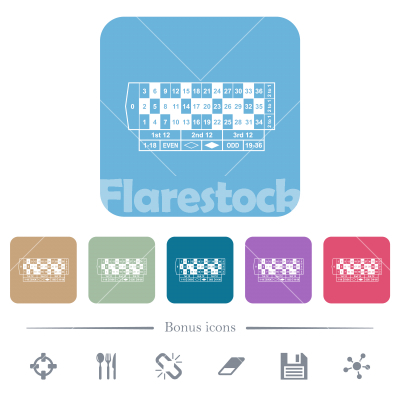 Roulette table flat icons on color rounded square backgrounds - Roulette table white flat icons on color rounded square backgrounds. 6 bonus icons included