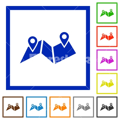 Route plan flat framed icons - Route plan flat color icons in square frames on white background