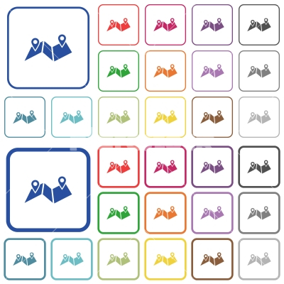 Route plan outlined flat color icons - Route plan color flat icons in rounded square frames. Thin and thick versions included.