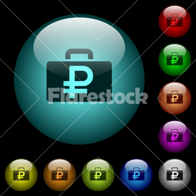 Ruble bag icons in color illuminated glass buttons - Ruble bag icons in color illuminated spherical glass buttons on black background. Can be used to black or dark templates