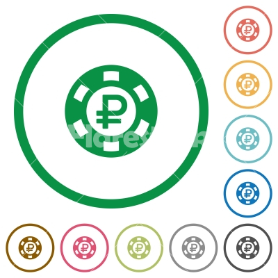 Ruble casino chip flat icons with outlines - Ruble casino chip flat color icons in round outlines