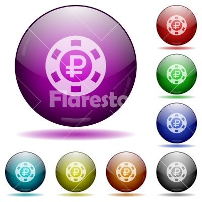 Ruble casino chip glass sphere buttons - Set of color Ruble casino chip glass sphere buttons with shadows. - Free stock vector