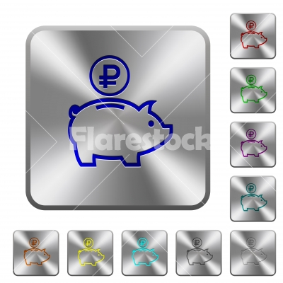 Ruble piggy bank rounded square steel buttons - Ruble piggy bank engraved icons on rounded square glossy steel buttons