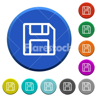Save beveled buttons - Save round color beveled buttons with smooth surfaces and flat white icons