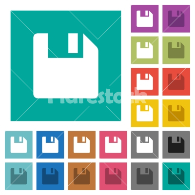 Save data square flat multi colored icons - Save data multi colored flat icons on plain square backgrounds. Included white and darker icon variations for hover or active effects.