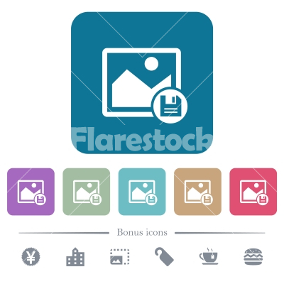 Save image flat icons on color rounded square backgrounds - Save image white flat icons on color rounded square backgrounds. 6 bonus icons included