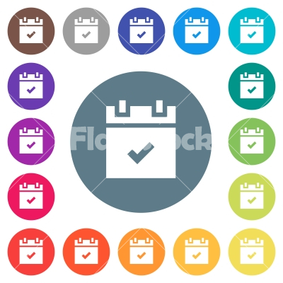 Schedule done flat white icons on round color backgrounds - Schedule done flat white icons on round color backgrounds. 17 background color variations are included.