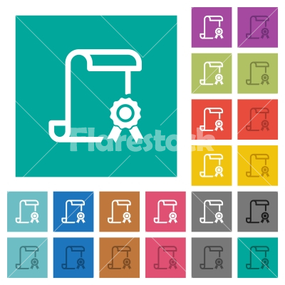 Scroll with certificate on right square flat multi colored icons - Scroll with certificate on right multi colored flat icons on plain square backgrounds. Included white and darker icon variations for hover or active effects.