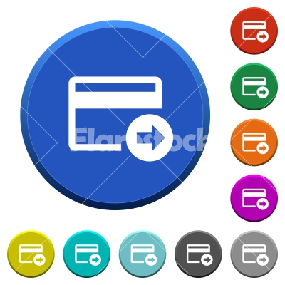 Send money with credit card beveled buttons - Send money with credit card round color beveled buttons with smooth surfaces and flat white icons