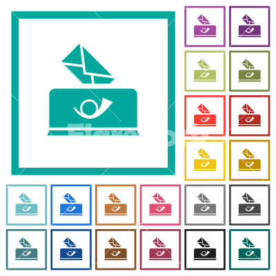 Sending mail solid flat color icons with quadrant frames - Sending mail solid flat color icons with quadrant frames on white background