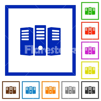 Server hosting framed flat icons - Set of color square framed Server hosting flat icons on white background
