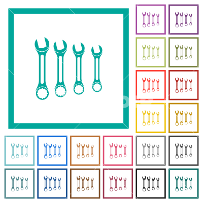 Set of wrenches flat color icons with quadrant frames - Set of wrenches flat color icons with quadrant frames on white background