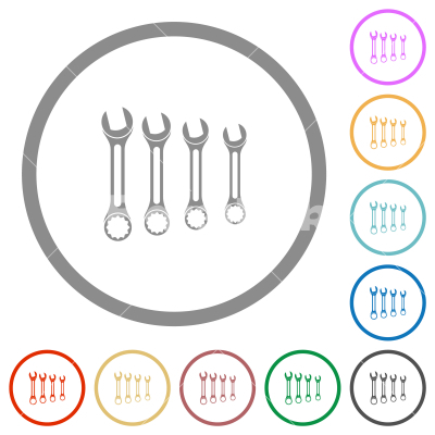 Set of wrenches flat icons with outlines - Set of wrenches flat color icons in round outlines on white background - Free stock vector