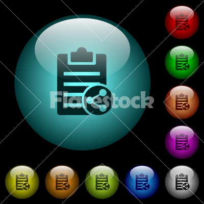 Share note icons in color illuminated glass buttons - Share note icons in color illuminated spherical glass buttons on black background. Can be used to black or dark templates