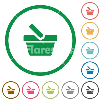 Shopping basket flat icons with outlines - Shopping basket flat color icons in round outlines on white background
