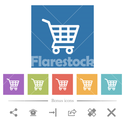 Shopping cart flat white icons in square backgrounds - Shopping cart flat white icons in square backgrounds. 6 bonus icons included.
