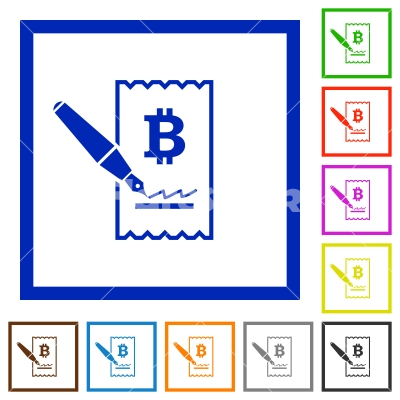 Signing Bitcoin cheque flat framed icons - Signing Bitcoin cheque flat color icons in square frames on white background