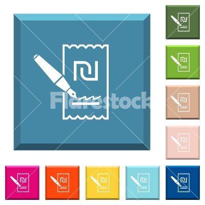 Signing new Shekel cheque white icons on edged square buttons - Signing new Shekel cheque white icons on edged square buttons in various trendy colors