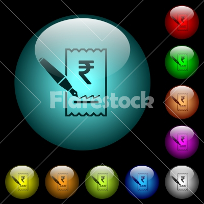 Signing Rupee cheque icons in color illuminated glass buttons - Signing Rupee cheque icons in color illuminated spherical glass buttons on black background. Can be used to black or dark templates