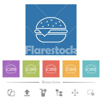 Single cheeseburger flat white icons in square backgrounds - Single cheeseburger flat white icons in square backgrounds. 6 bonus icons included.