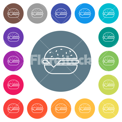 Single cheeseburger outline flat white icons on round color backgrounds - Single cheeseburger outline flat white icons on round color backgrounds. 17 background color variations are included.