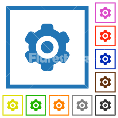 Single cogwheel solid flat framed icons - Single cogwheel solid flat color icons in square frames on white background
