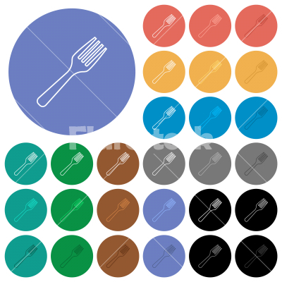 Single fork outline round flat multi colored icons - Single fork outline multi colored flat icons on round backgrounds. Included white, light and dark icon variations for hover and active status effects, and bonus shades.