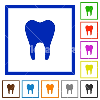 Single tooth flat framed icons - Single tooth flat color icons in square frames on white background