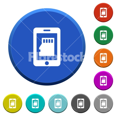 Smartphone memory card beveled buttons - Smartphone memory card round color beveled buttons with smooth surfaces and flat white icons