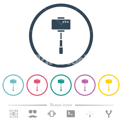Smartphone on selfie stick back view flat color icons in round outlines - Smartphone on selfie stick back view flat color icons in round outlines. 6 bonus icons included.