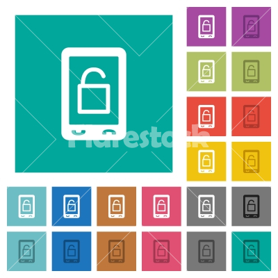 Smartphone unlock square flat multi colored icons - Smartphone unlock multi colored flat icons on plain square backgrounds. Included white and darker icon variations for hover or active effects.